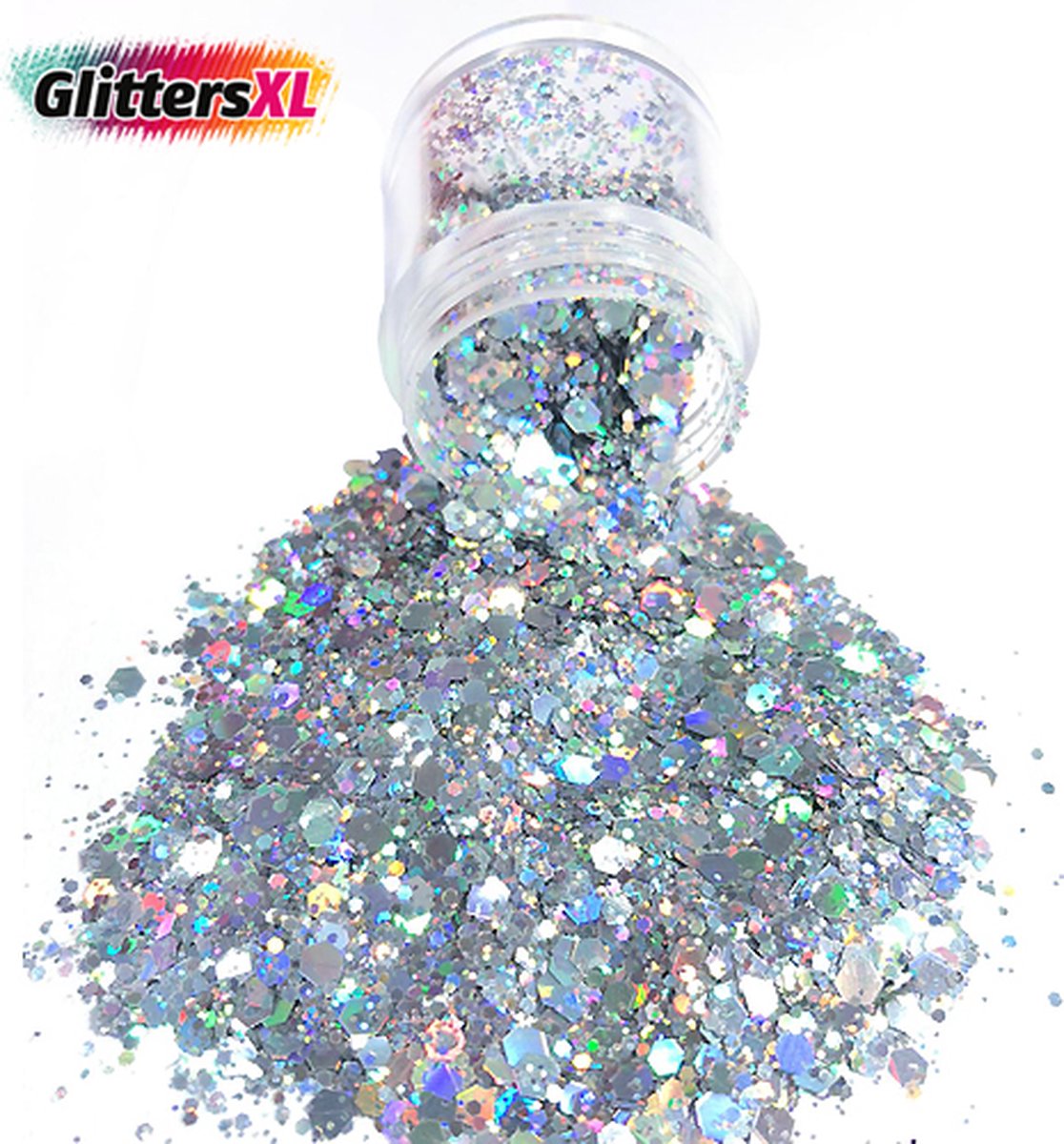 GlittersXL - Chunky Glitters (Zilver) (Volume 8g) [Festival Makeup Gezicht Lichaam - Face Body Glitter - Biologisch afbreekbaar - Versiering Dames Volwassen Kinderen]